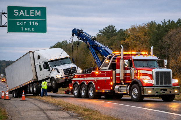 Heavy duty towing truck in Salem IL by Ed Holsapple Towing safely recovering disabled semi trucks roadside.